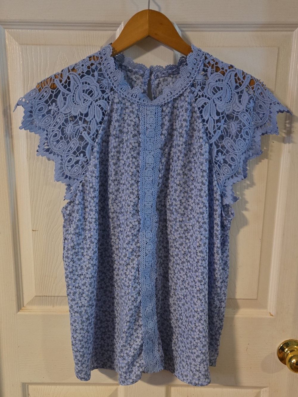 Lace-Trim Floral Sleeveless Top in Light Blue